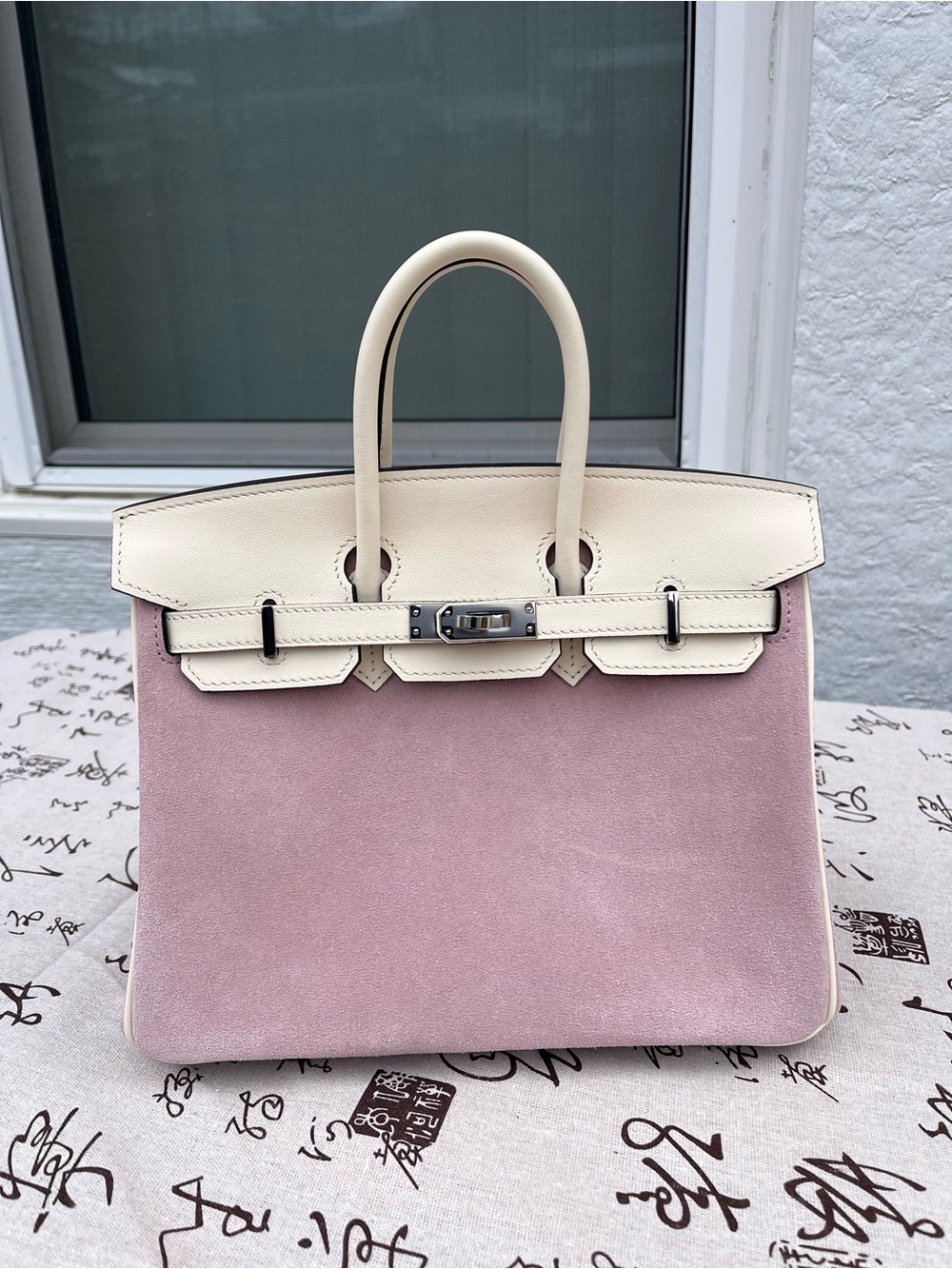 Handmade Calf Cream White and Suede Pink Genuine Leather Handbag 25cm - New